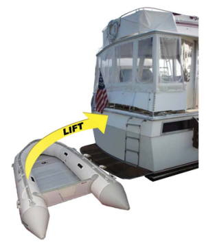 Quik Davit Installed on boat with dinghy attached